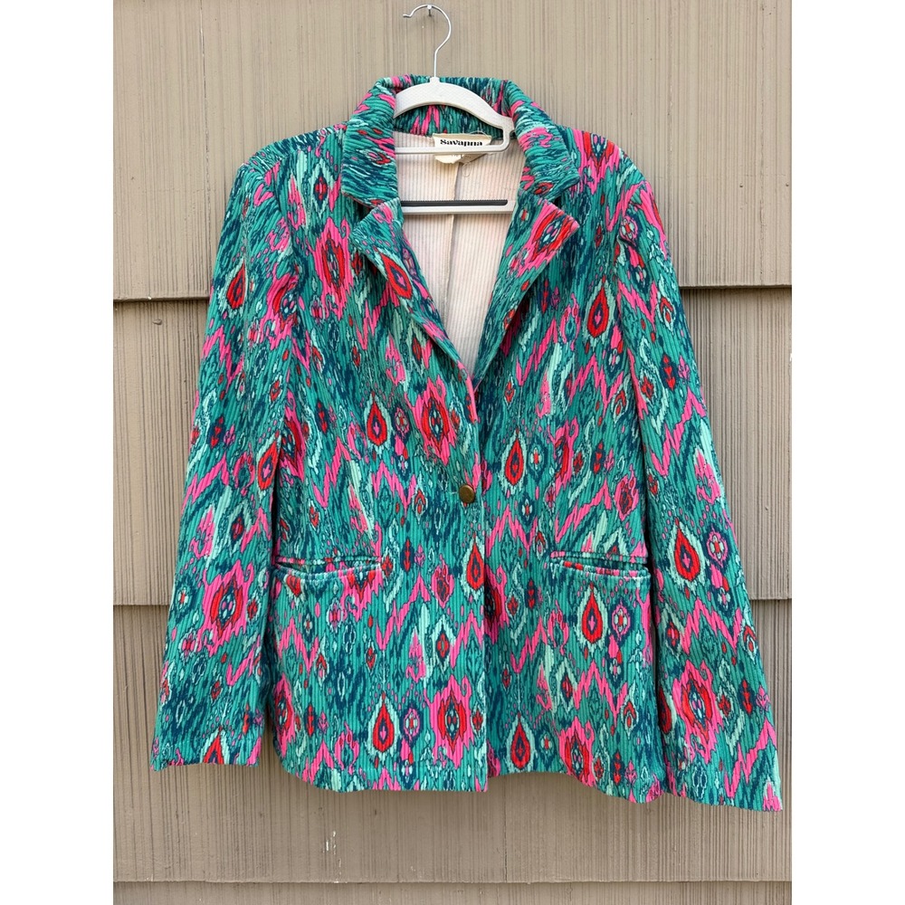Savanna Jane Corduroy Blazer Womens Large Teal Pink Ikat Print Boho Jacket L